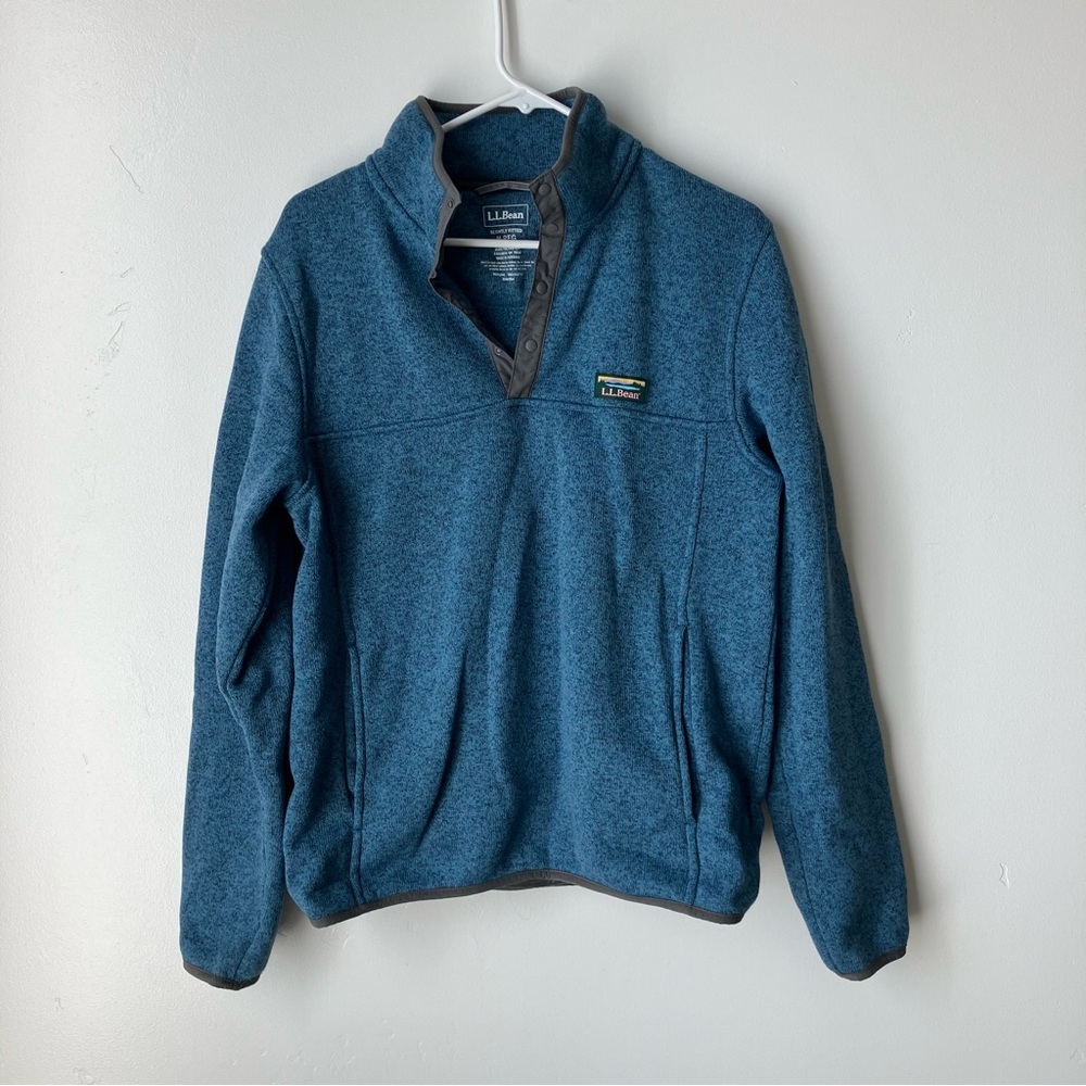 L.L. Bean Classic Fleece Pullover Snap Collar Marled Blue Mens M Slightly Fitted